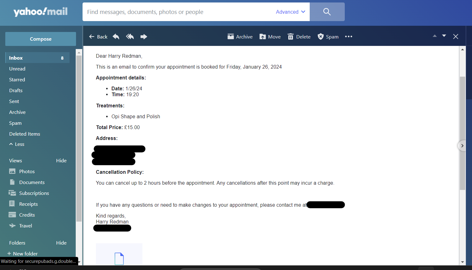 Screenshot of an email recieved by the client confirming their appointment