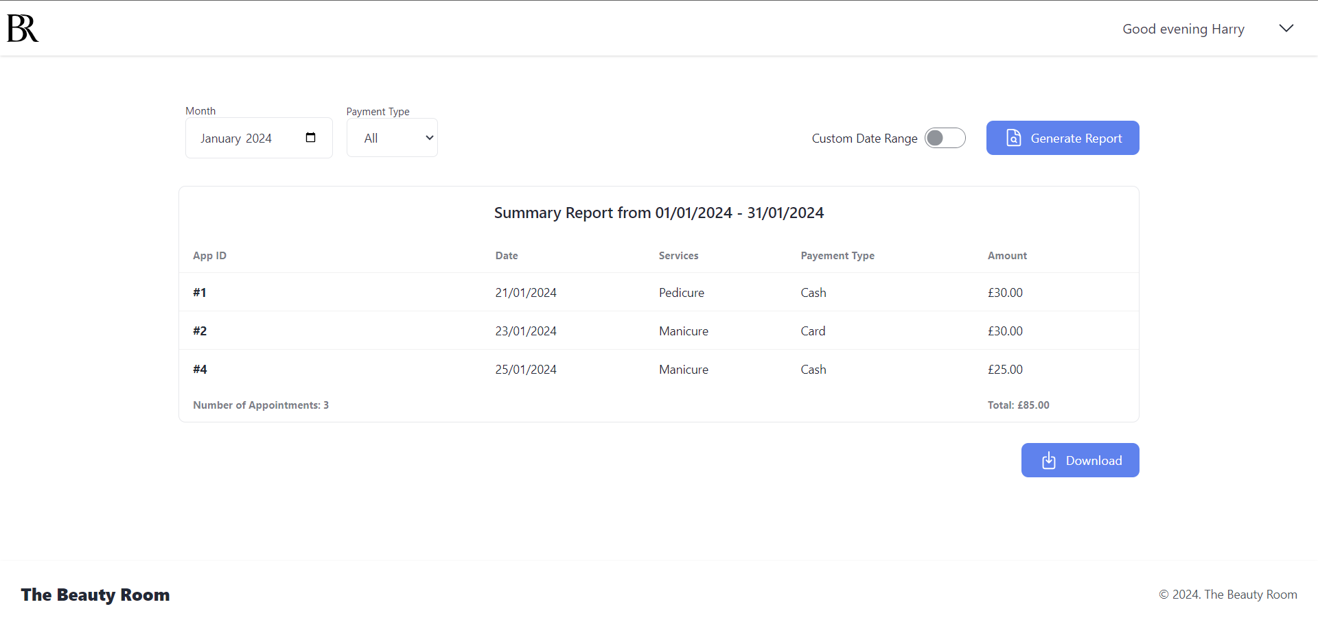 Screenshot of view to find the appointments completed between two date ranges