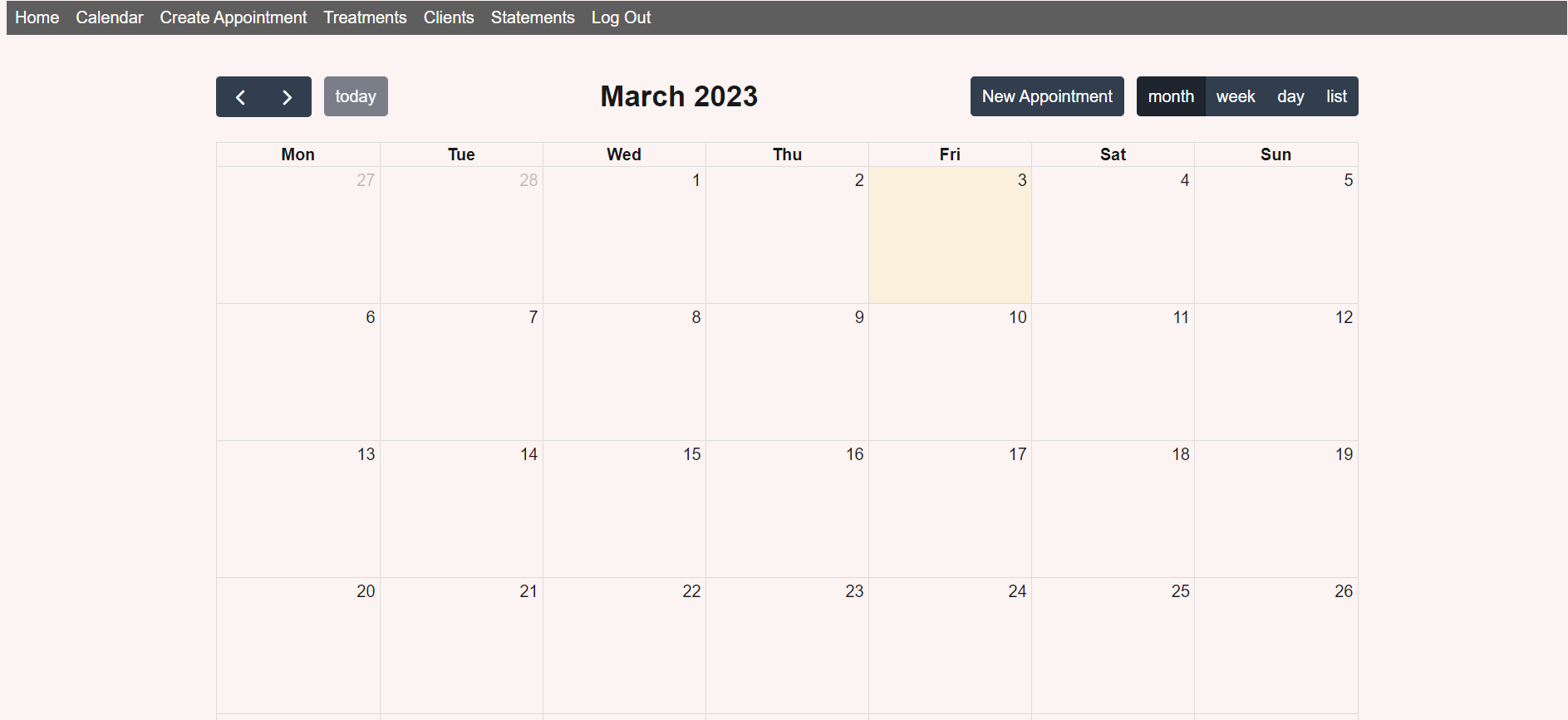 An image of the display calendar for upcoming appointments