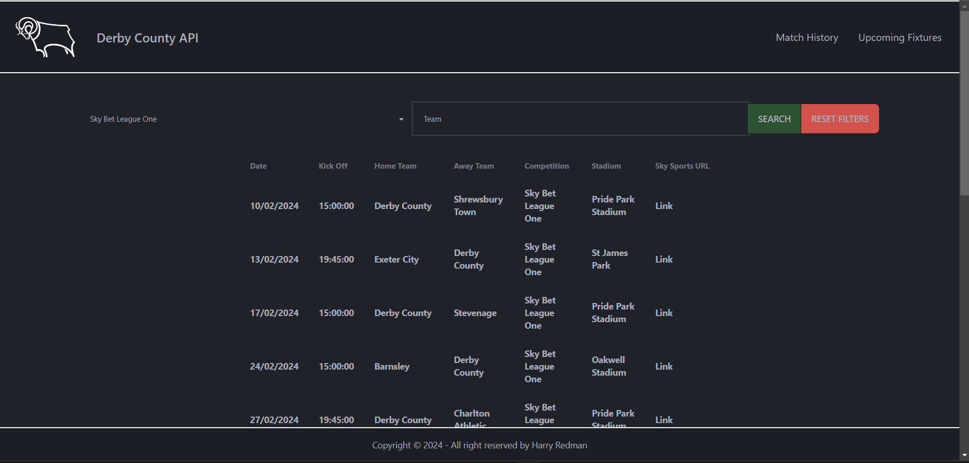 Screenshot of fixtures page displaying all of derbys upcoming fixtures