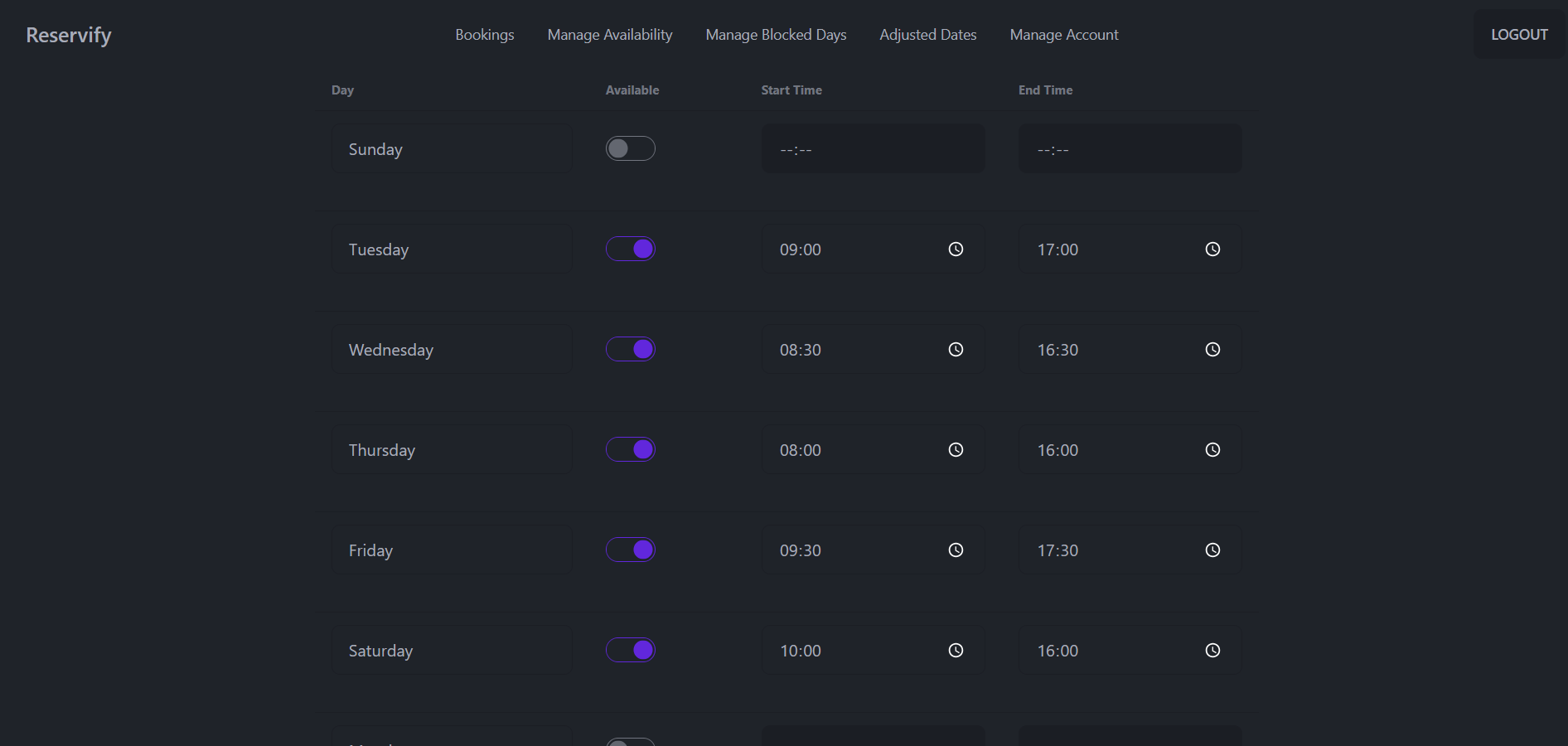 An image of adjusting availability page